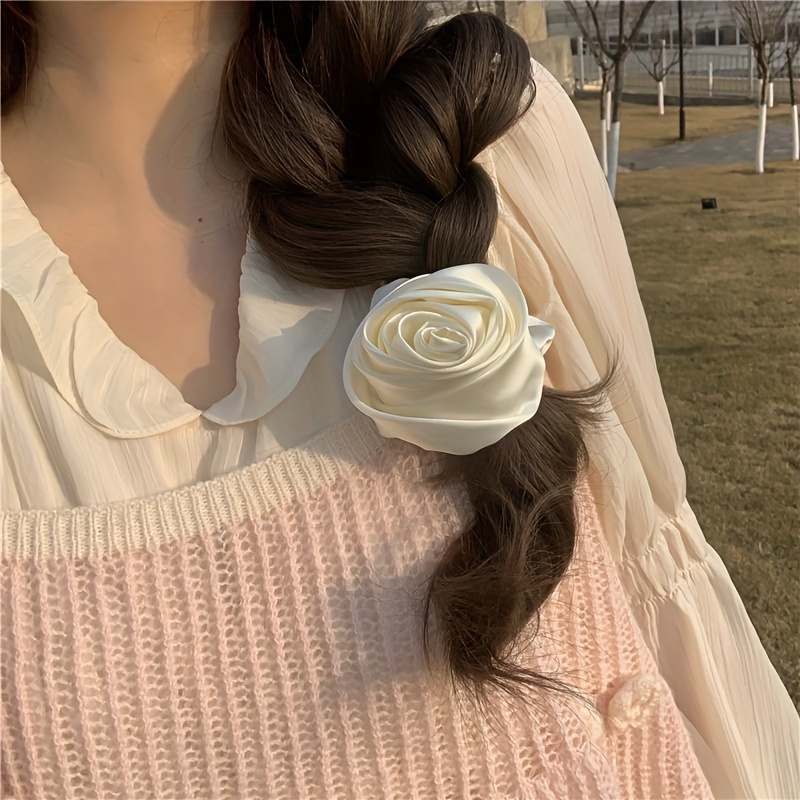 

1pc Elegant Satin Rose Flower Decorative Large Intestine Hair Loop Vintage Hair Tie Stylish Hair Decoration For Women And Daily Use