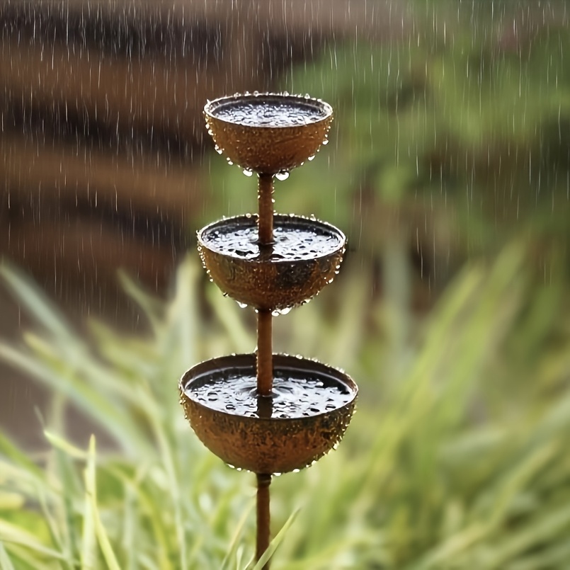 TEMU 1 Rustic Wrought Iron Rainwater Collector, 3-tier Design - Insect Feeder And Garden Decor, Outdoor Patio And Yard Decoration, No Electricity