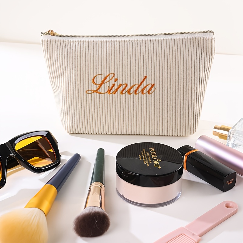 TEMU [customizable With Name/text/blessing] Large Capacity Corduroy Cosmetic Bag, Zippered Toiletry Bag. 1 Bag To Hold All Your Beauty And Travel