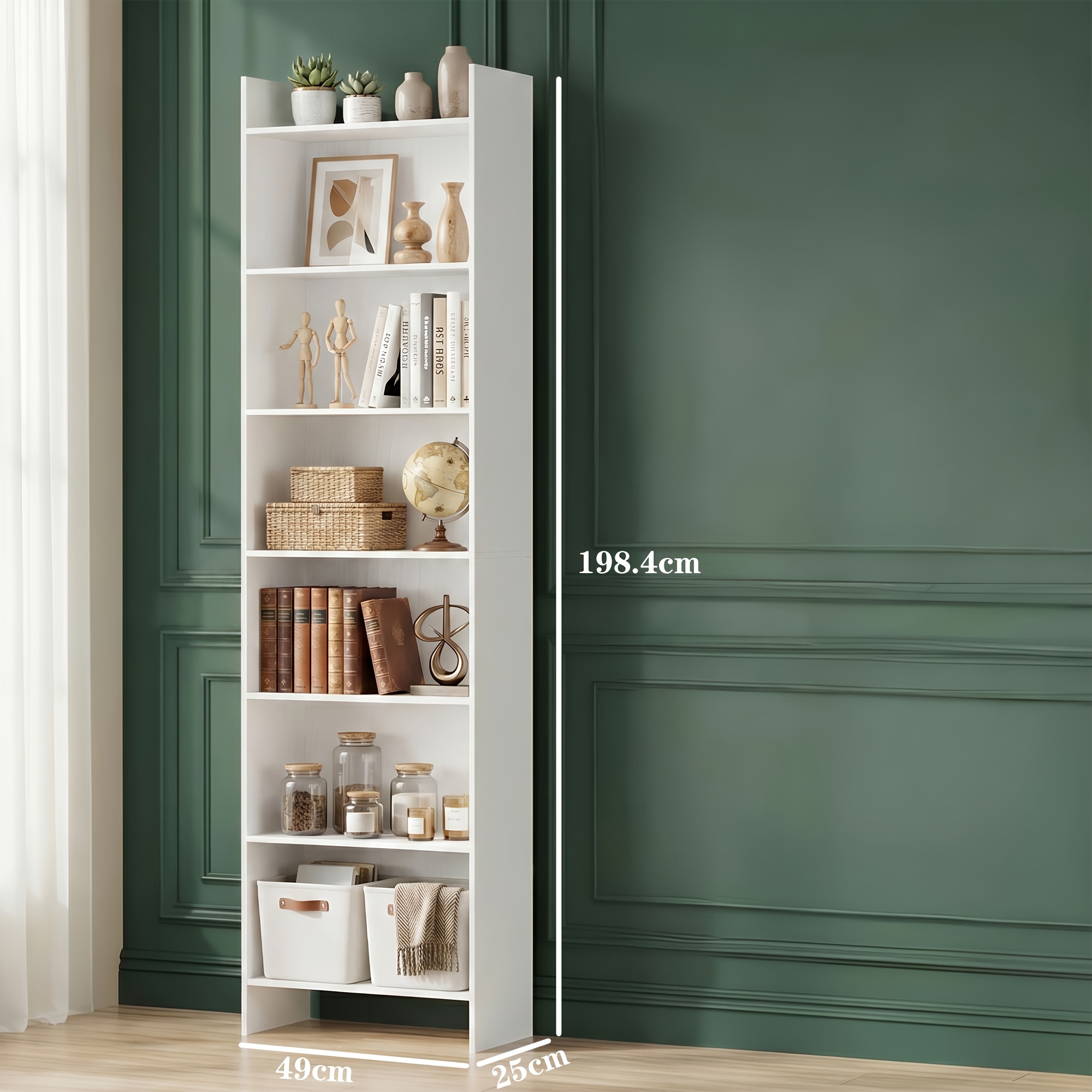 Image of Tall And Narrow Bookcase With 7 Open Storage Compartments, Side Anti-slip Panels, Anti-tip Design, For Living Room, Study, Or Office
