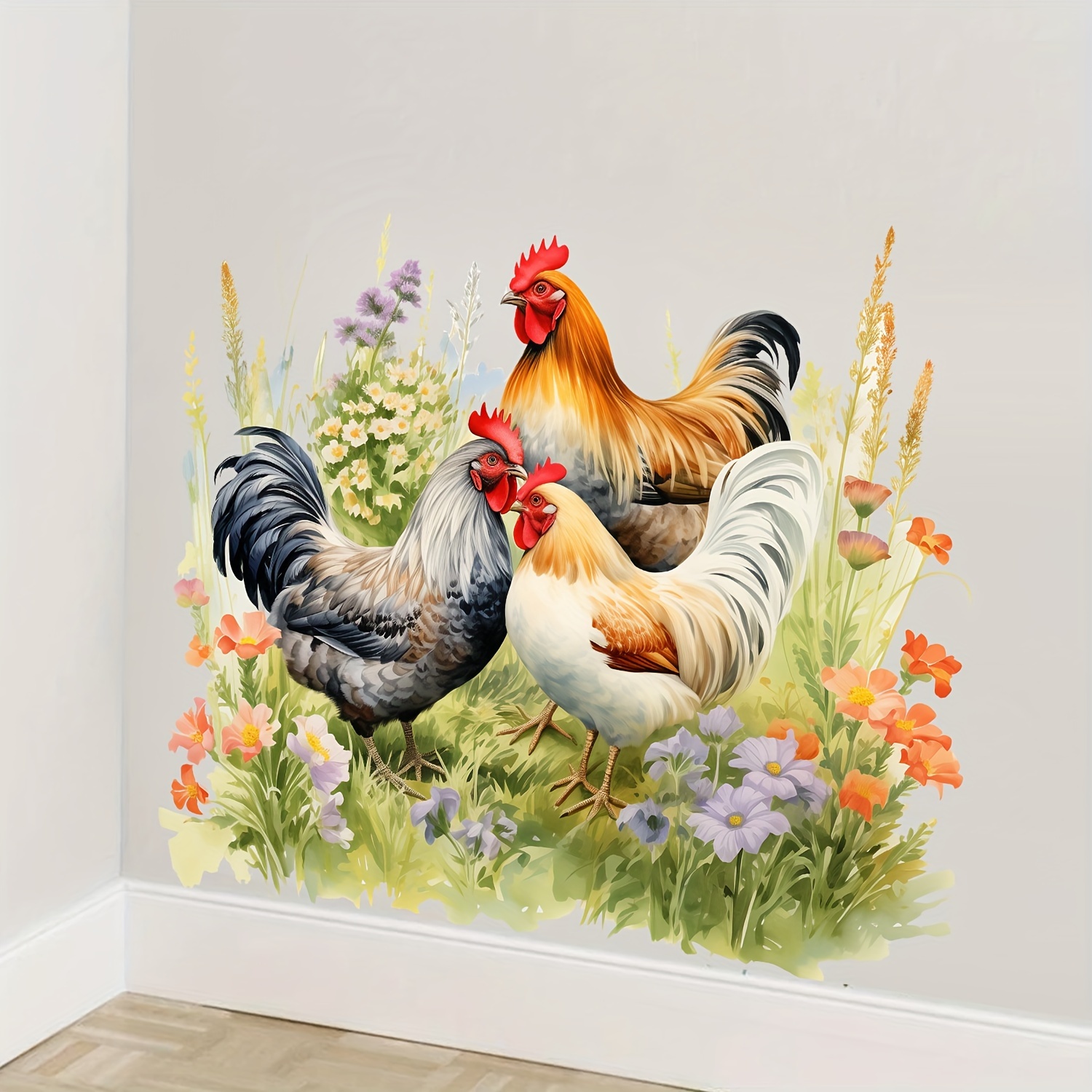 Image of 1pc Colorful Rooster Wall Sticker, Rooster And Flower Pattern, Wall Decoration Sticker Decal, Home Decoration, Room Decoration