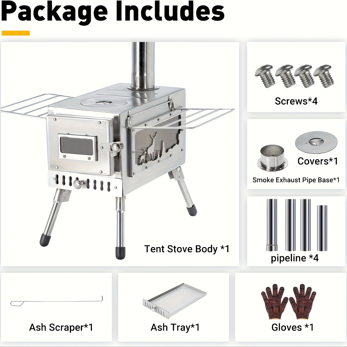 TEMU Outdoor Camping Stove Camp Tent Stove, Portable Wood Burning Stove With Chimney Pipe For Tent, Shelter, Camping Heating And Cooking