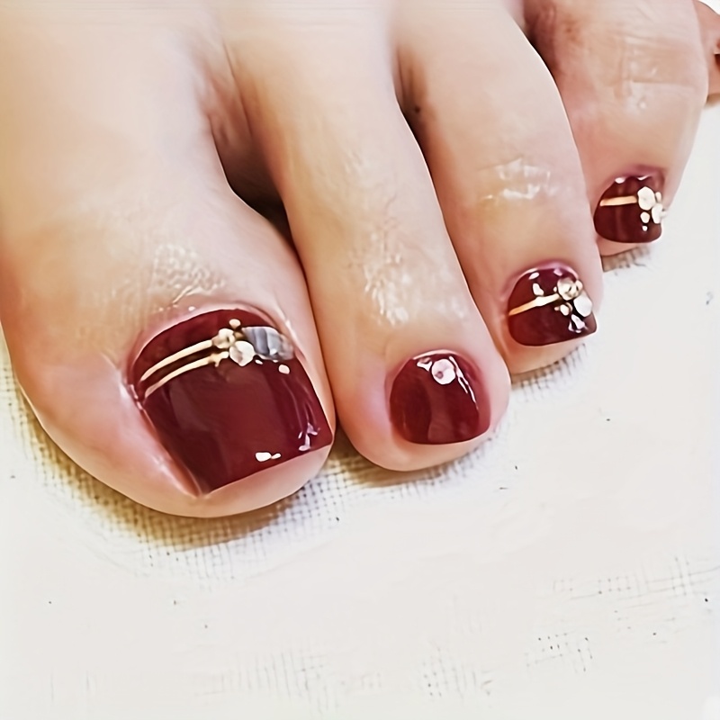 TEMU 24pcs Wine On Toenails Women Summer Short Toe False Nails Full Cover Toe Nail Press On Shiny Fake Nails Acrylic Nails Diamond Design Glossy Glue On Toe Nails