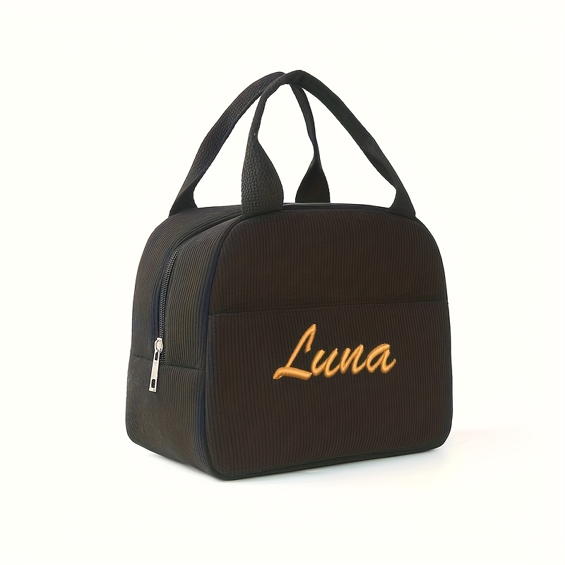 TEMU Solid Color Corduroy Insulated Lunch Bag, Non-food Contact Takeaway Bag With Embroidered Custom Name Or Personal Text To Make Your Tote Unique,