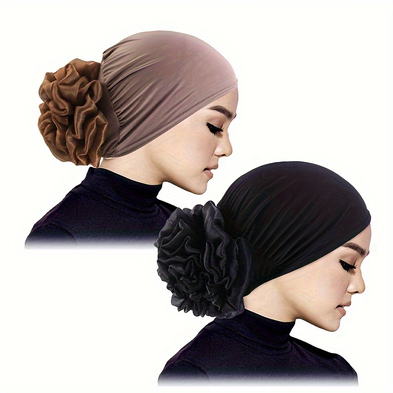 

2pcs Elegant Women's Floral Turban Hats - Breathable Polyester, Head Wrap Caps In & Black - Stylish Pre-tied Headscarves For Casual Wear, Head Scarf