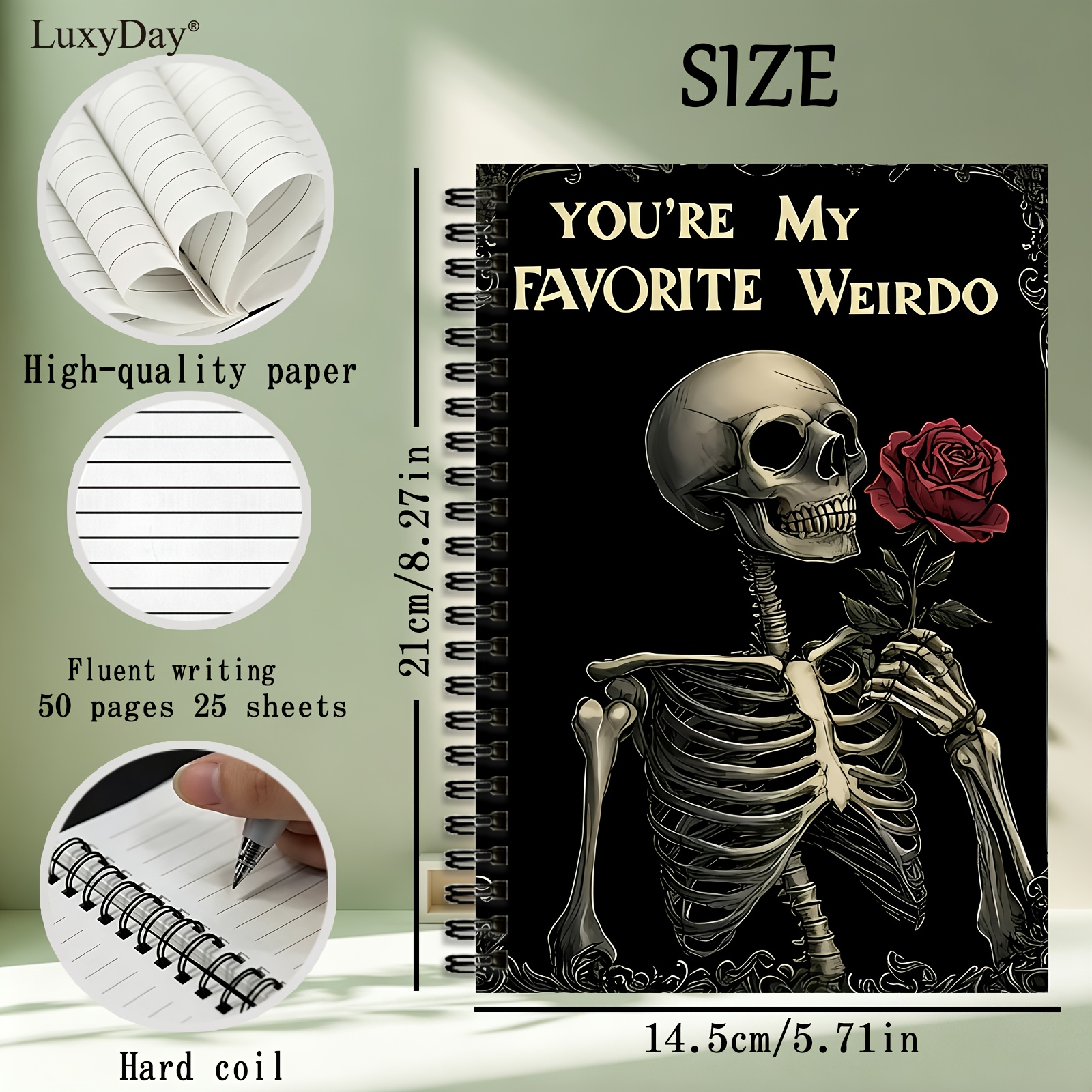 TEMU 1pc Spiral Notebook, Gothic Skeleton Red Rose You're Print 50 Pages Notepad, Journal For Couple Anniversary Valentine Gothic Lover Halloween