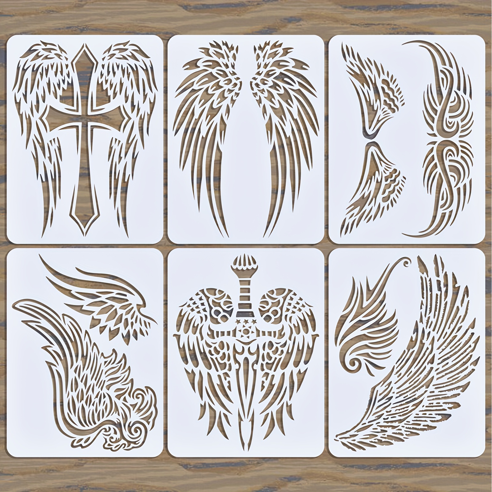 Image of 6pcs 7.87 X 5.91 Inches Wing Tattoo Stencils, Reusable Airbrush Leak-proof Painting Templates, Suitable For Walls, Wood, Stone, Canvas And More Art Decoration Painting