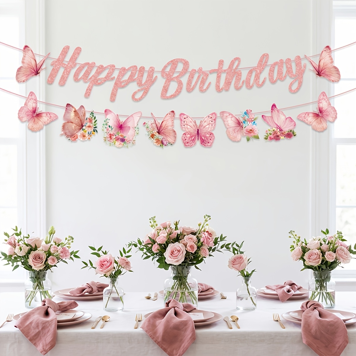 Image of A Set Of Spring Pink Birthday Banners - A -themed Decoration For Girls' Parties, Suitable For Themed Birthday Party Supplies