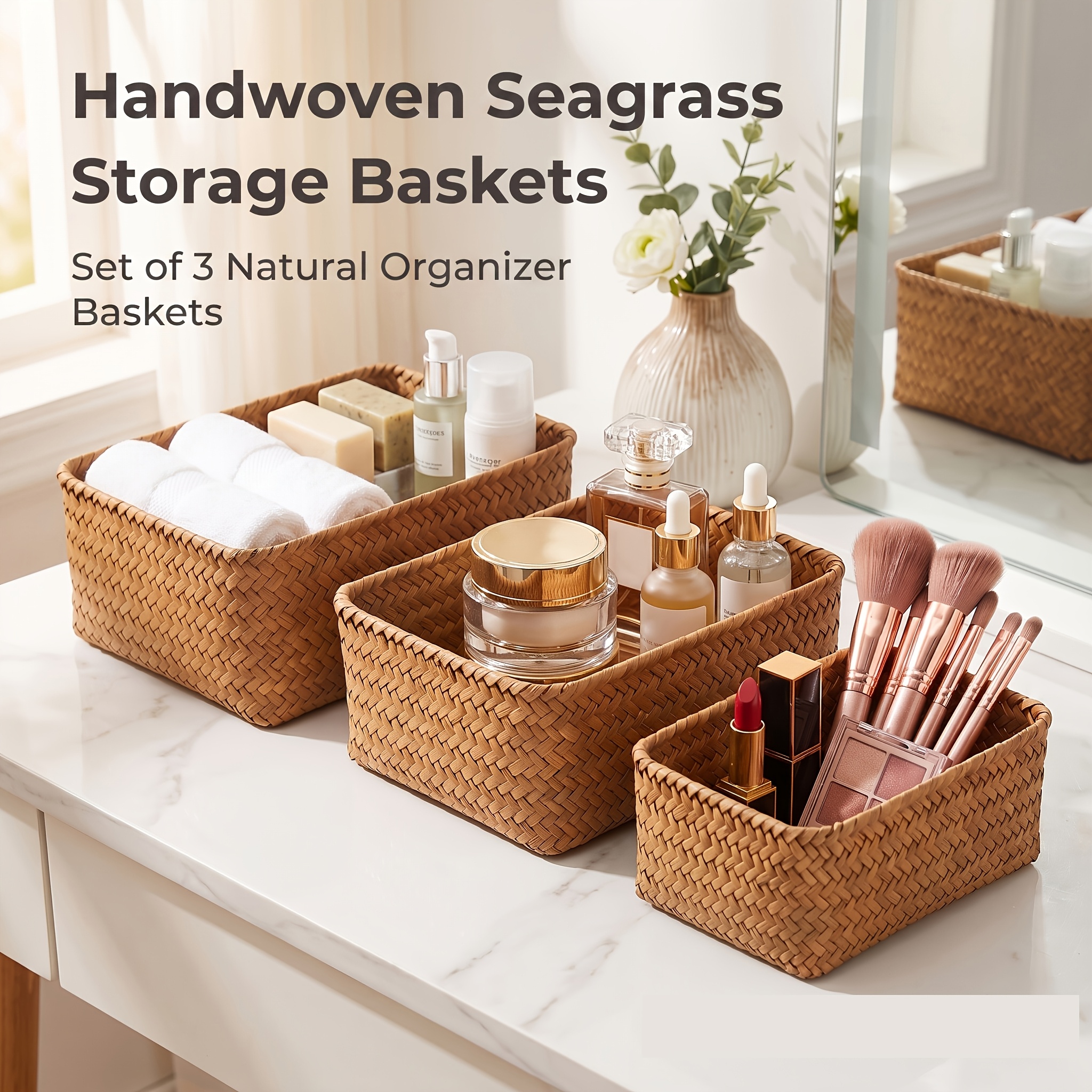 3er-Set Natur Seegras Aufbewahrungskörbe, Rechteckige gewebte Nestkörbe, Rattan Schrank Organizer * für Regale, Vorratskammer, Badezimmer * Aufbewahrung für Körbe, Pflanzenmaterial Aufbewahrung für