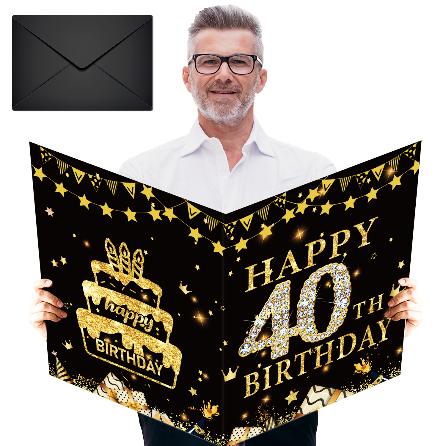 1pc Extra Large Birthday Message Book - Black &   Decorations withEnvelope, Giant Birthday Card   for 40th Birthday Party Favors, Anniversary, Wedding - Elegant Golden text & Cake Design - No Assembly Needed