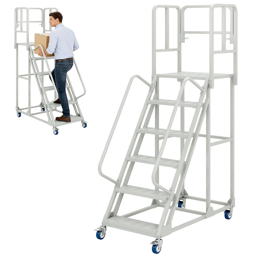 a 6 step rolling ladder measuring 24 inches wide and 90 inches high featuring dual handrails and lockable wheels   of supporting up to 1200   this heavy duty mobile   is ideal for use in   supermarkets Product details 1