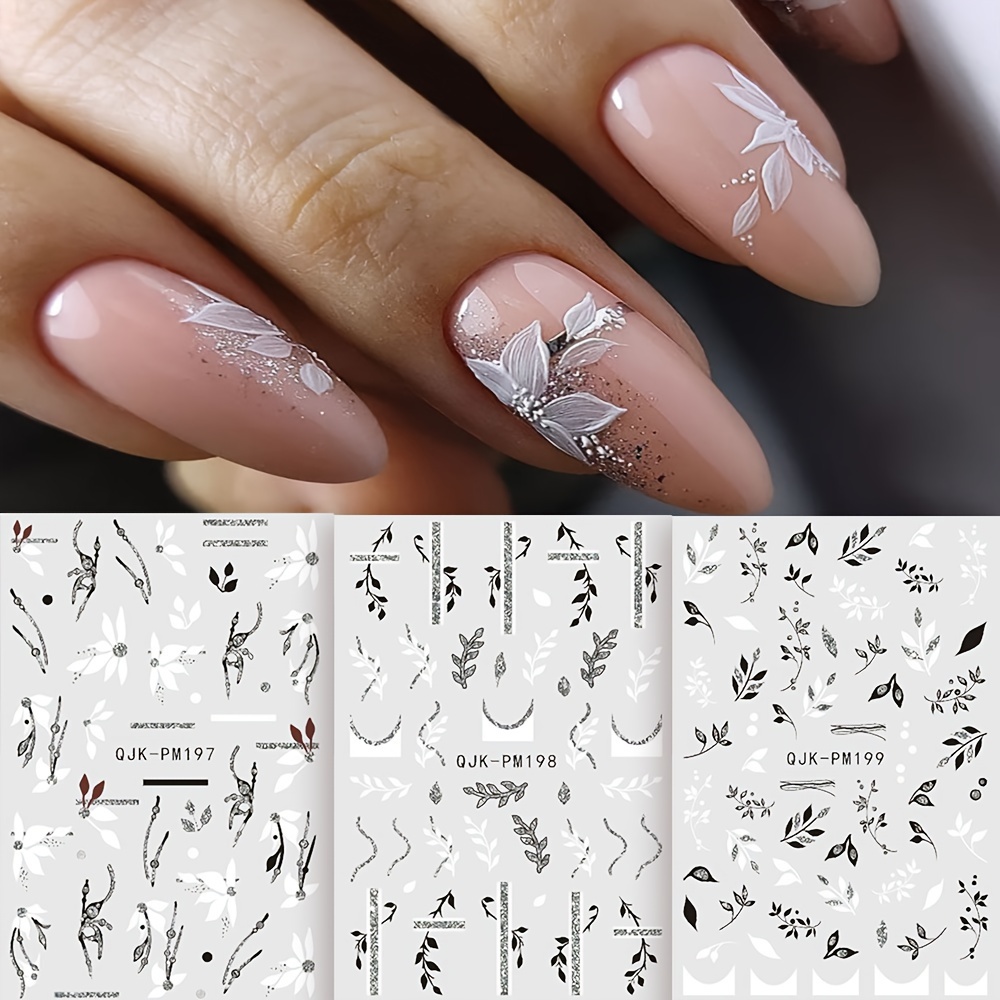 

8 Sheet Summer Glitter White Flower Leaf Design Nail Art Stickers, Self Adhesive Nail Art Decals For Nail Art Decoration, Nail Art Supplies For Women And Girls