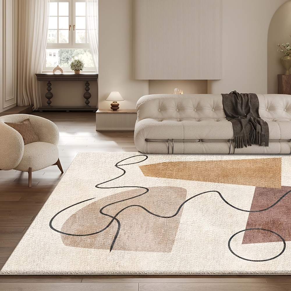 [ Product] - Modern Beige And Brown Abstract Design, Ultra-Soft, Machine Washable, Living Room, Bedroom, Office Decor - Home Rug, Indoor Mat | Abstract Print Mat | Polyester Velvet Mat, Living Room Carpet