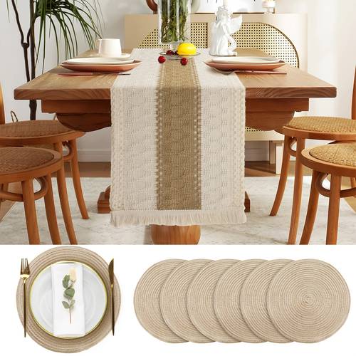 7pcs boho table runners and boho round placemats splicing woven macrame table runner with tassels farmhouse dining table decor for wedding kitchen dining beige 12 x 108 inch