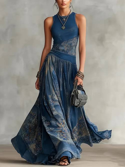 style retro ombre printed waist cinching sleeveless long dress flowing full skirt dress