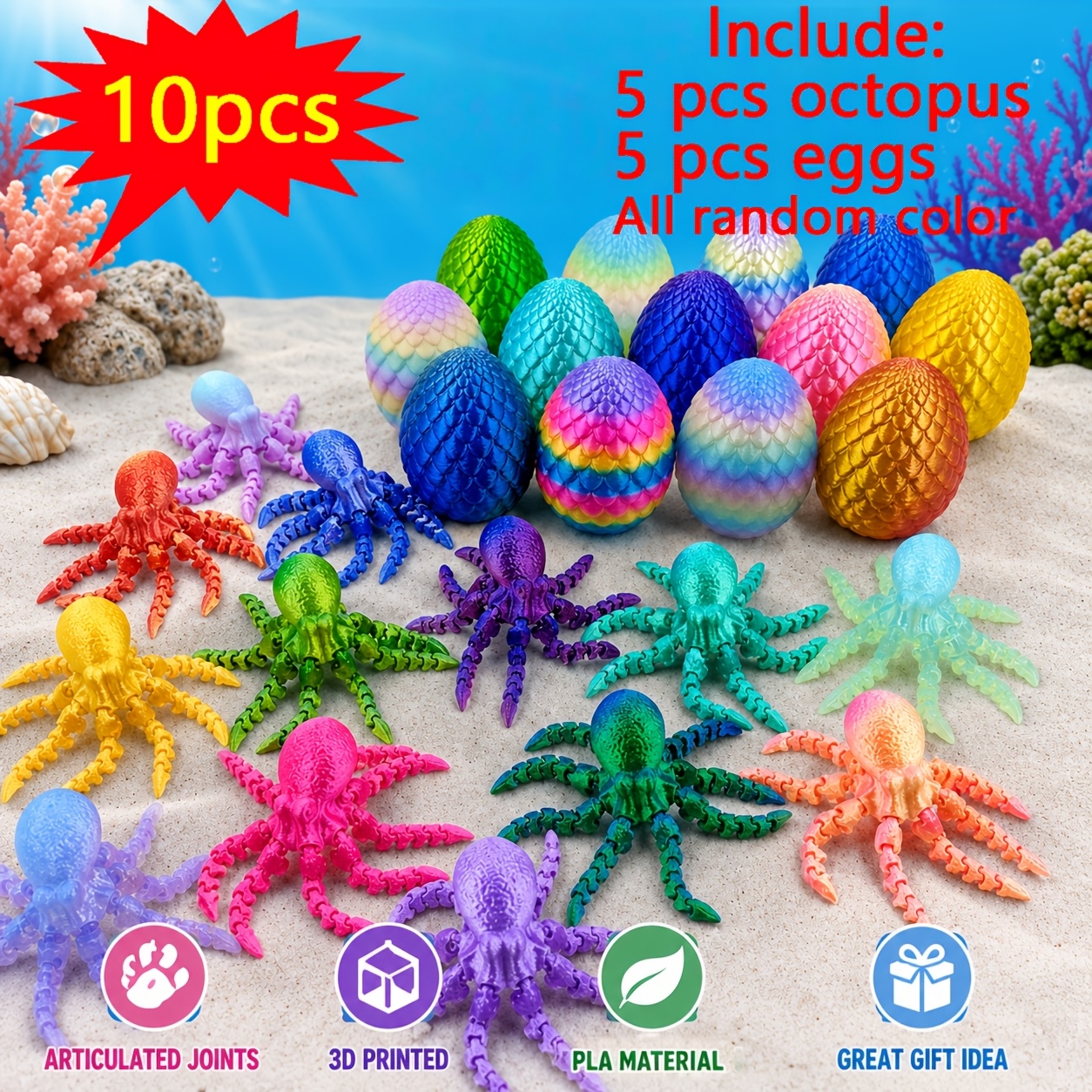 TEMU 10 Stück 5 Eierschalen + 5 Oktopusse, 3D-gedruckte Oktopuseier und Oktopusse in zufälligen Farben, geeignet für Geschenke, Partys, Gärten,