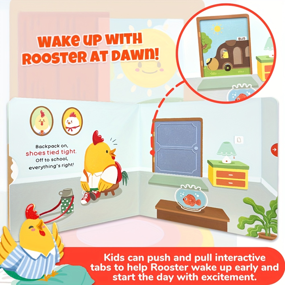 Rooster'S Early Wake-Up Lift-The-Flap Books, Good Wake - Up Habit Formation for Kid, Cute Illustration Style, Interactive Picture Push-Pull Book, by The Artist, Early Education Enlightenment, Best Birthday Gift, Bear Tale