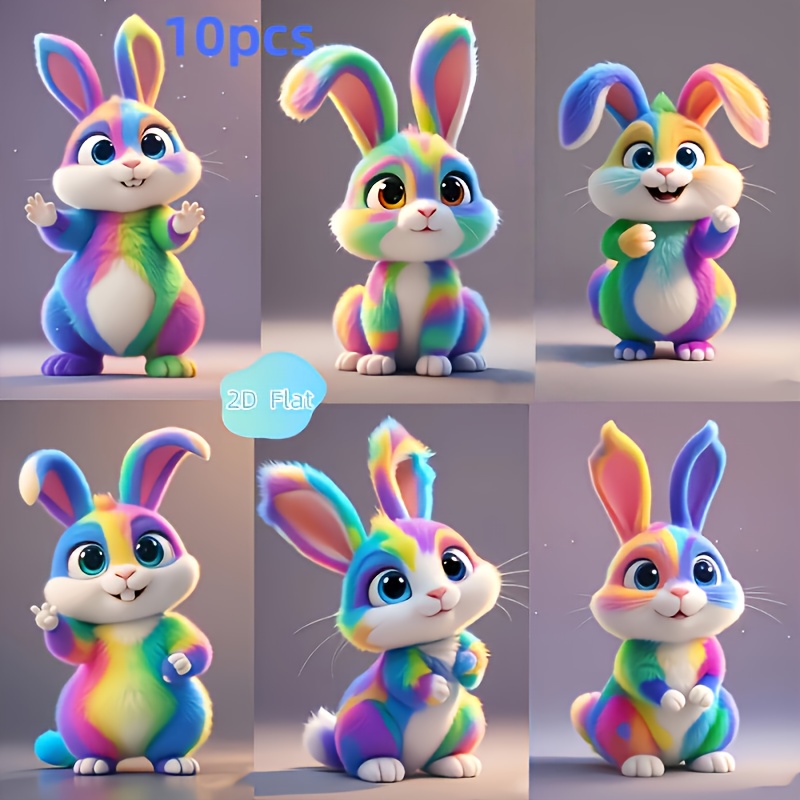 Image of 2d Flat - 10 Colorful Easter Bunny Pendants | Boho Style, Manufactured Wood, Ideal For Home, Office, Classroom, Party Decorations | 2d Flat Design With Hanging Rope