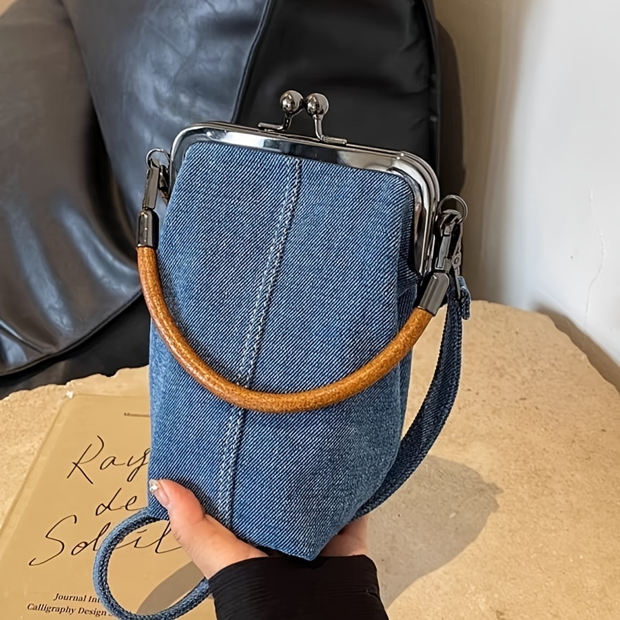 TEMU Chic Denim Crossbody Phone Bag For Women - Tote With Wrist Strap, Polyester Lined, Blue, Bohemian, Commuter