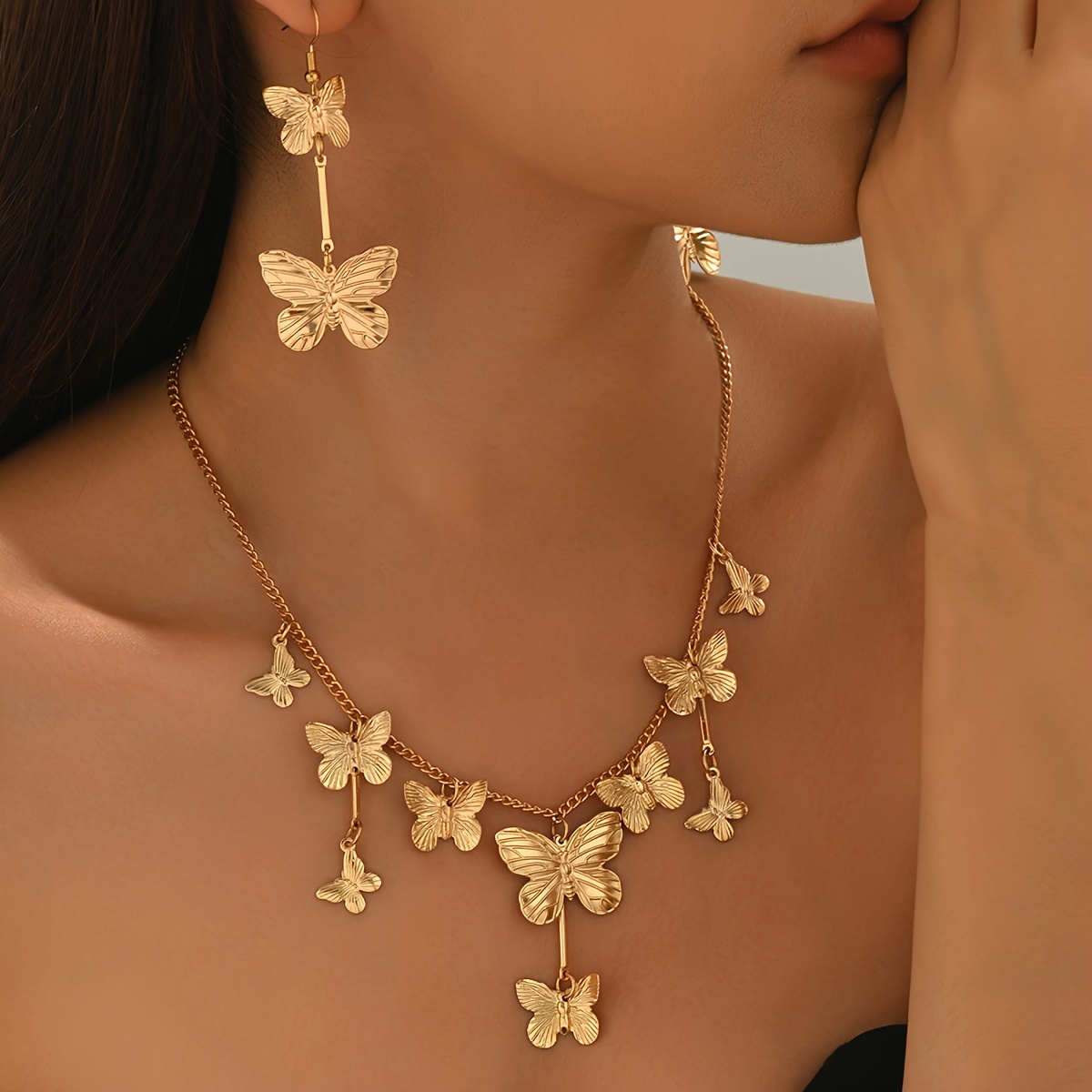 TEMU 2pcs Bohemian Ethnic Style Necklace And Earrings Set For Women, Creative And , Elegant Metallic Style, Large And Small Multi-pendant Layered