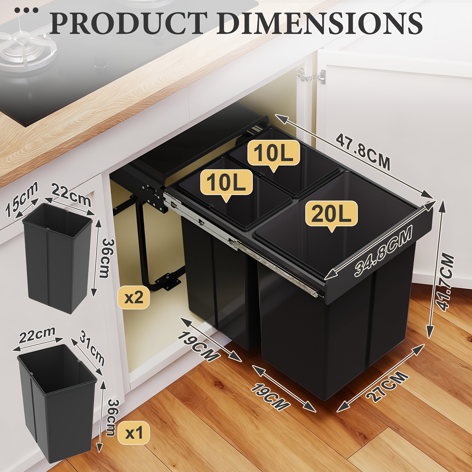 Built-in Trash Can For Base Cabinet, 3-compartment Waste System 40l (20l+10l+10l), Pull-out Kitchen Trash Can With Rail And Lid