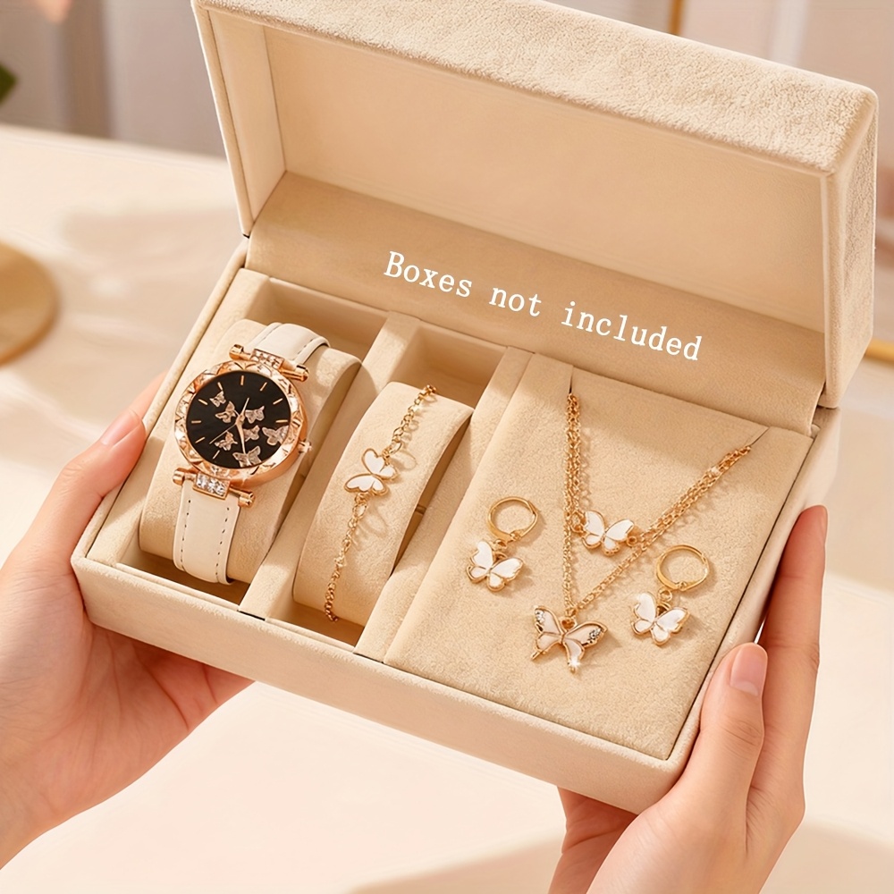 Shaarms 5pcs Women's Jewelry & Watch Matching Set With - Pu Strap Quartz Movement Round Wristwatch, Elegant Gift For ( Back-to-school) - Fashion Accessory