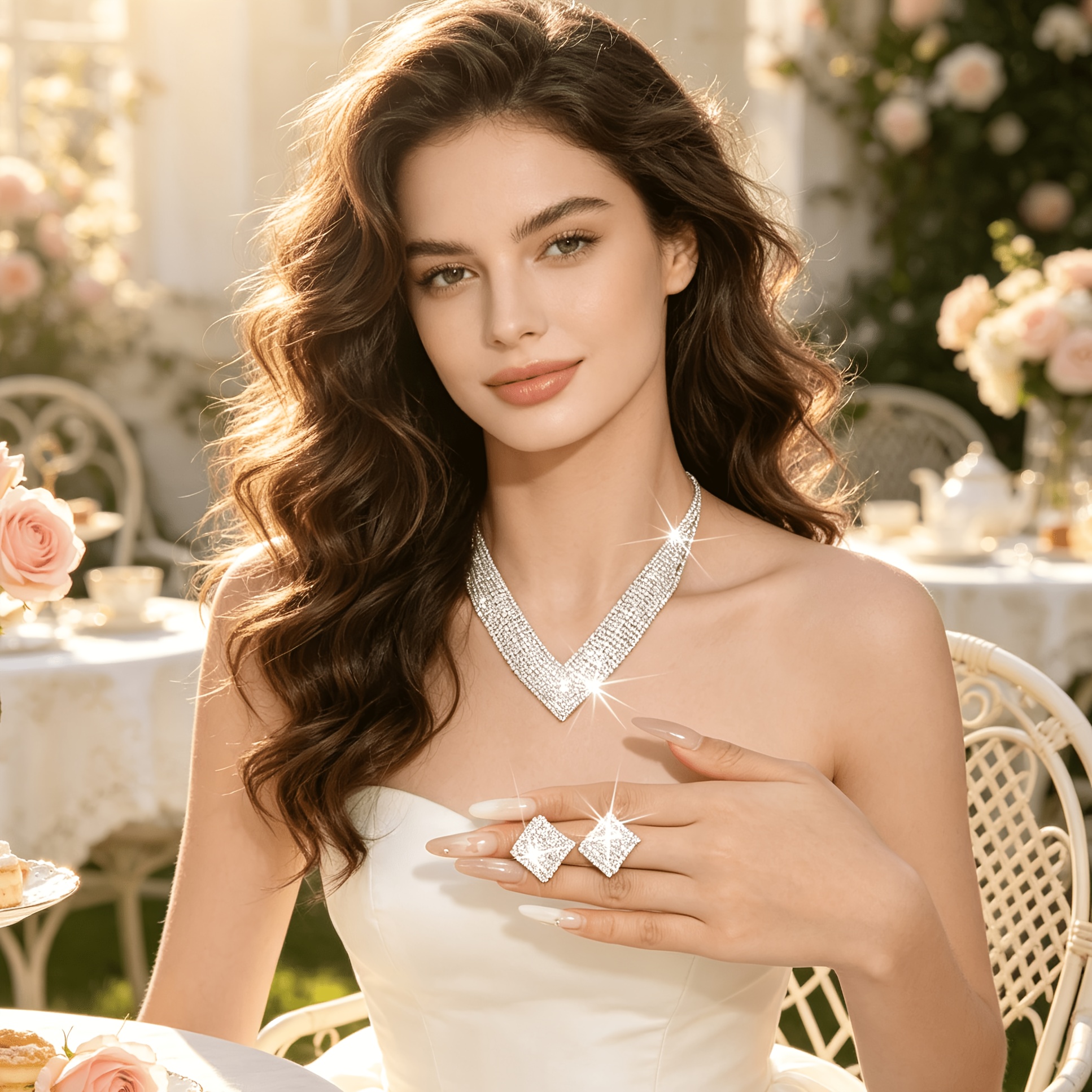 Women's French Elegant Rhinestone Necklace & Earrings Set