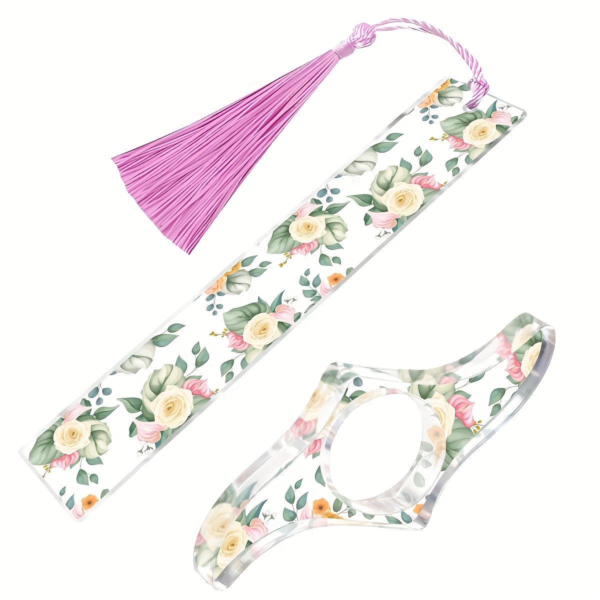 TEMU 2dflat 2pcs Transparent Acrylic Bookmarks, With Elegant Pink Floral Patterns - Page Markers, Durable Bookmarks, Perfect Gifts For Book Lovers