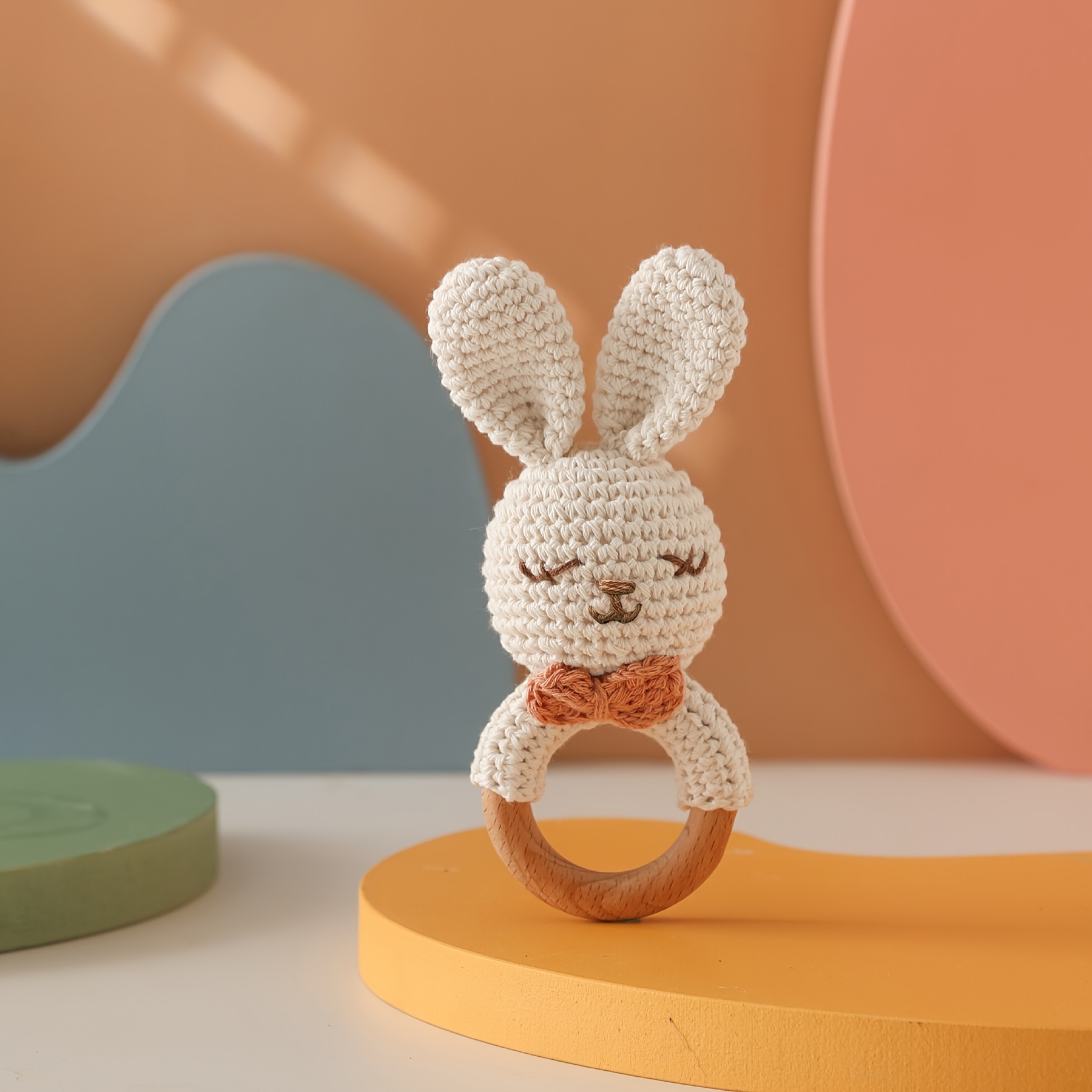 Hand-Knitted Bow Tie Bunny Rattle Toy for Infants