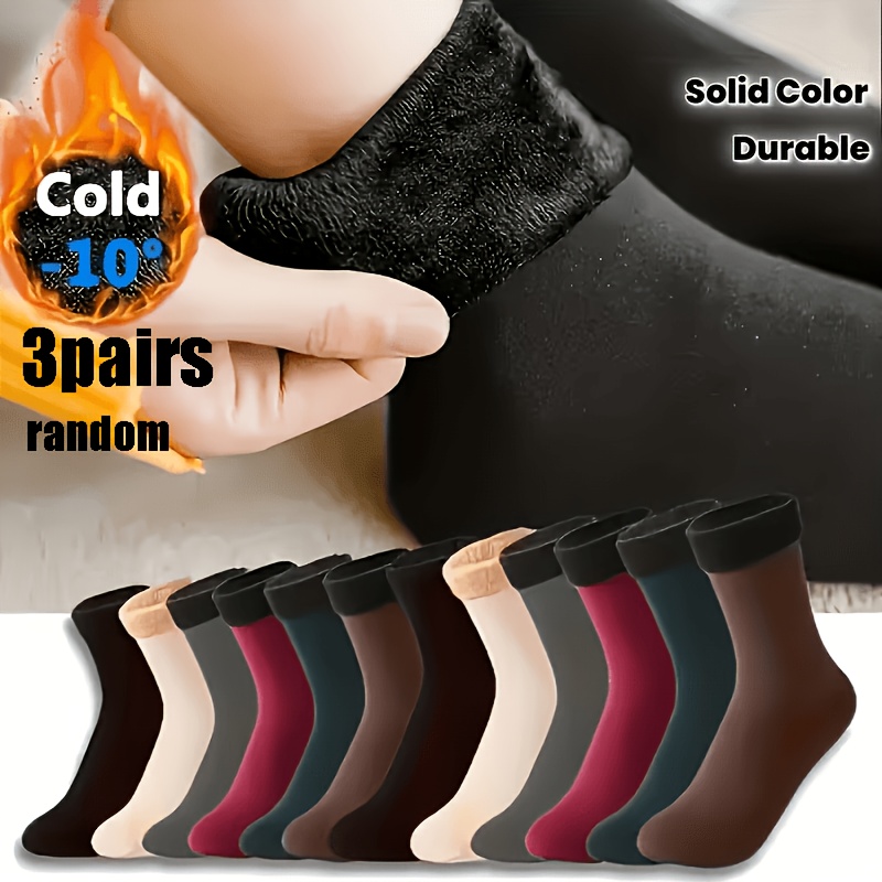 TEMU 3 Pairs Random Women's Lined Mid-calf Warm Socks - Thickened Winter Cold Protection To -10°c, Suitable For Outdoor Sports & Daily Wear. Solid &