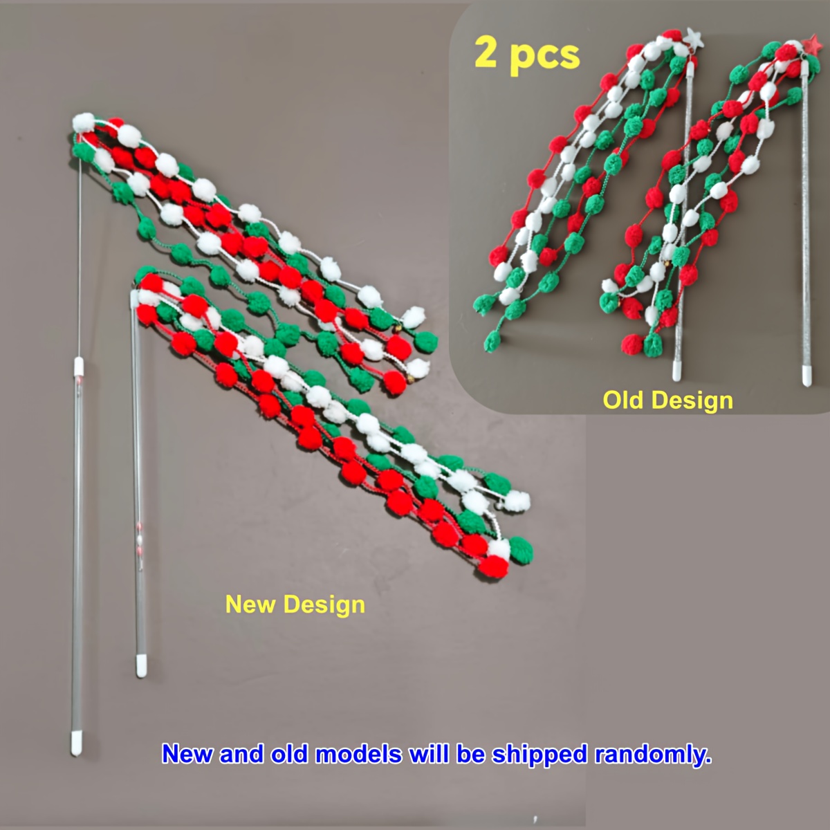 TEMU 2pcs Christmas Cat Toy Teasing Stick, Cute Tassel Plush Balls , Red And Green Color , Without Battery