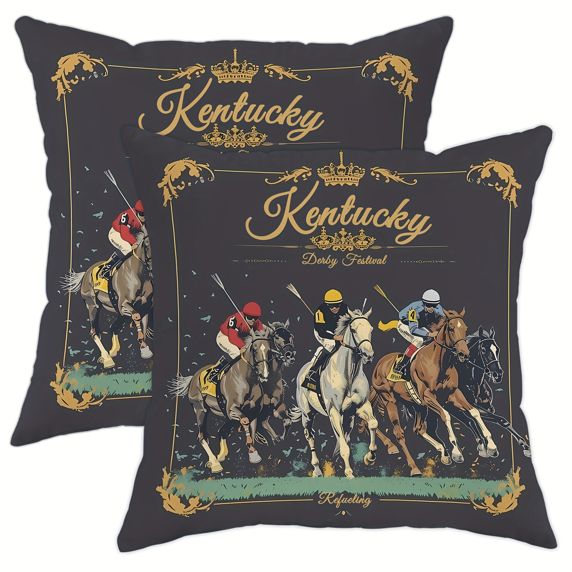 

2pcs Racing Black Green Polyester Throw Pillow Covers, Kentucky Derby Retro Farmhouse Throw Pillow Covers, Decorative Cushion Covers 18*18 Inch, Suitable For Living Room, Bedroom, Sofa Bed Decoration