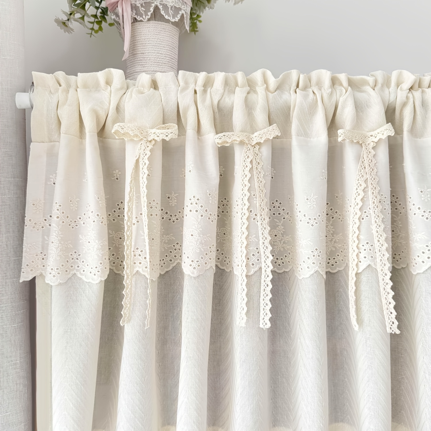1pc Gxi French Country Curtain With Rhombus Bow & Beige Jacquard Fabric - Semi-sheer Window Drapery Suitable For Kitchen, Cottage, Farmhouse - Low-iron Care, Design, (french Style)