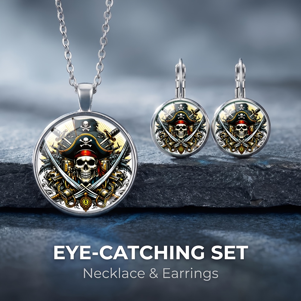 TEMU Conjunto de 3 piezas de collar y aretes con espada y calavera de pirata, ideal para uso diario, pequeño regalo exquisito