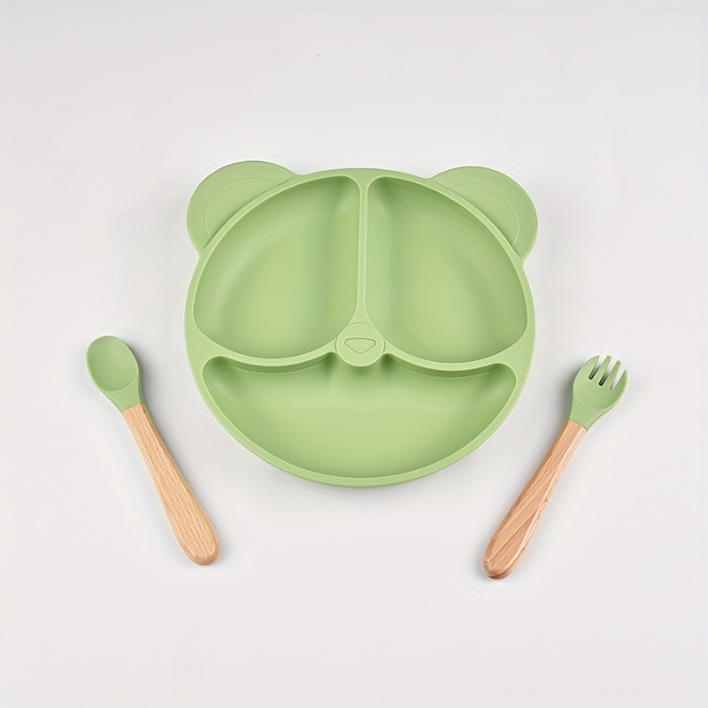 Image of 3pcs Baby Tableware Set 1 Year 2 Years 3 Years To 6 Years Toddler Silicone Dinner Plate Wooden Handle Small Fork And Spoon Children Learning To Eat Tools Mother's Day Thanksgiving Gift