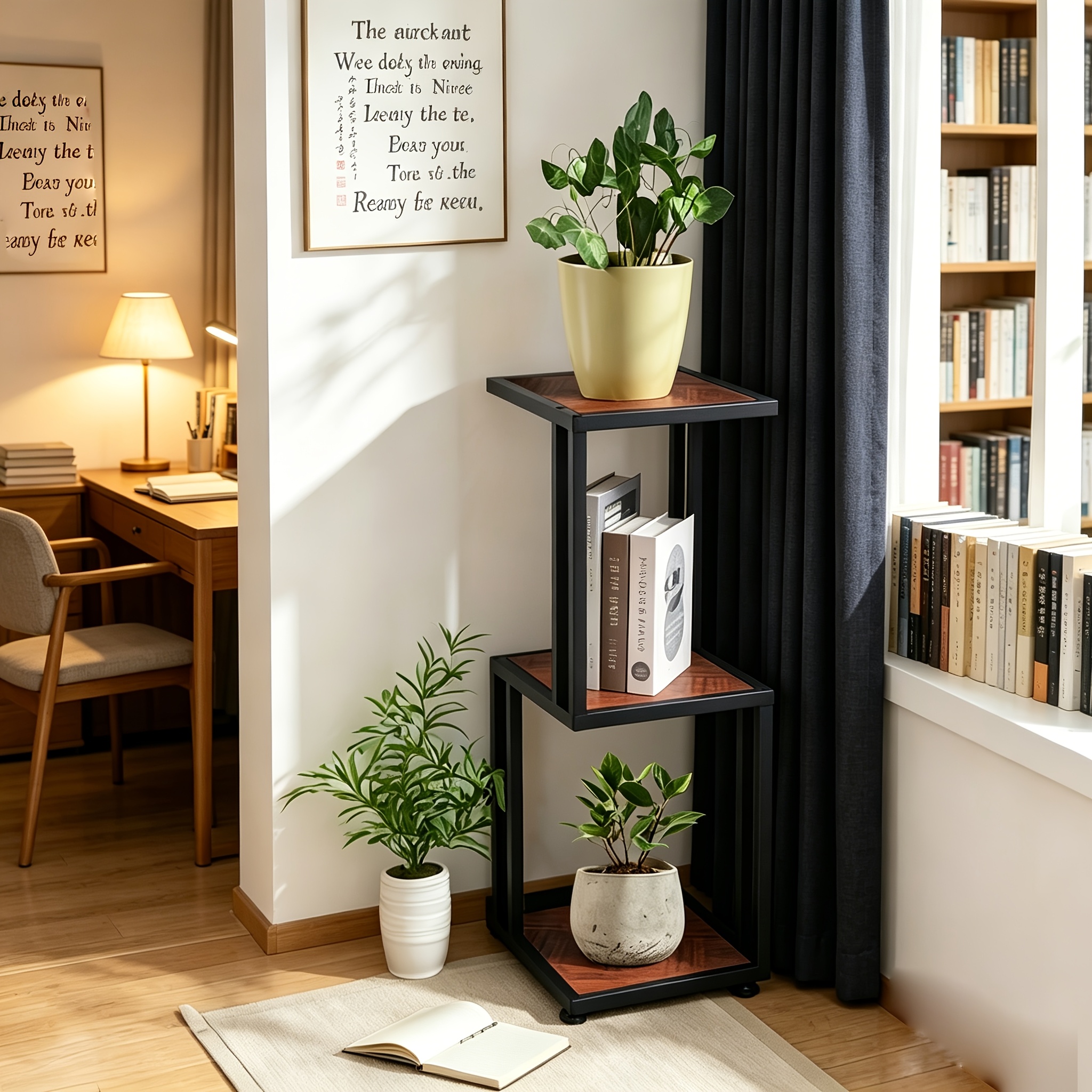 3-Tier Nightstand, Industrial Bedside Table with Open Storage Shelves, Wood Top Metal Frame End Table, Space-Saving Side Table for Small Spaces, Living Room, Bedroom, Ideal for Lamp, Books, Plants