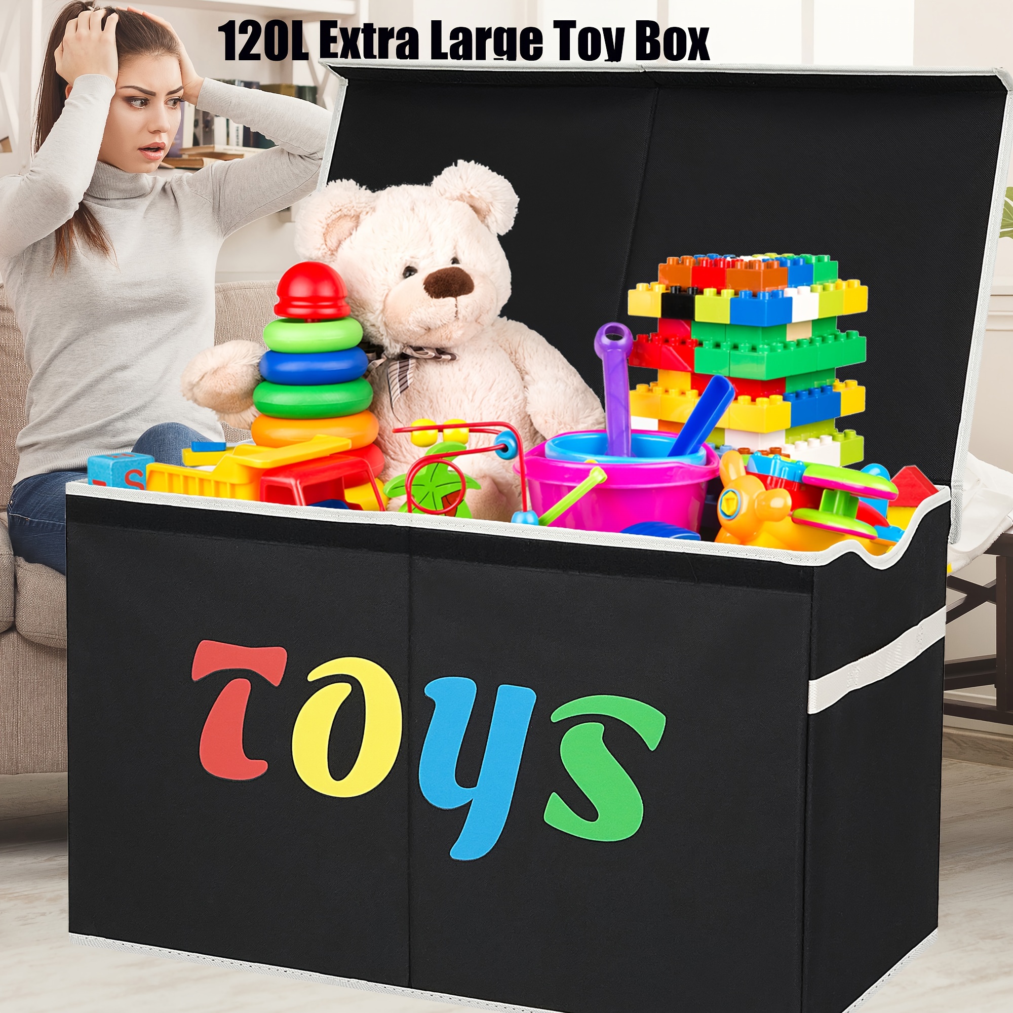 

120l Extra Large Toy Box Chest With Lid, Collapsible Sturdy Toy Storage Organizer Boxes Bins Baskets For Kids, Boys, Girls, Nursery, Playroom