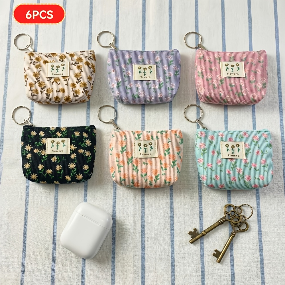 TEMU Women' Purse, 6pcs Corduroy Small Daisy Coin Purses, Portable Cardholder With Keyring, Women' And Jewelry Storage Small Bag, Suitable For Daily