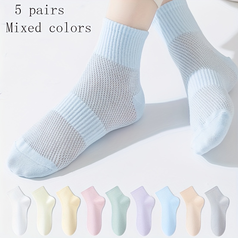 5 Pairs Solid Pastel Socks, Simple & Breathable Short Socks, Women's Stockings & Hosiery