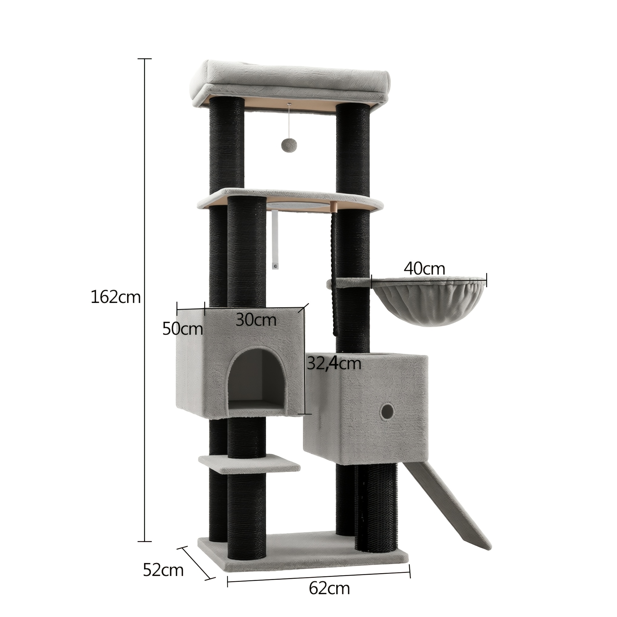 162cm Indoor Cat Tree, Sturdy Black Sisal, Layout, Houses, Large Scratching Post, Scratching Pad, Detachable Resting Platform, 1 , Light Gray Color Living Room