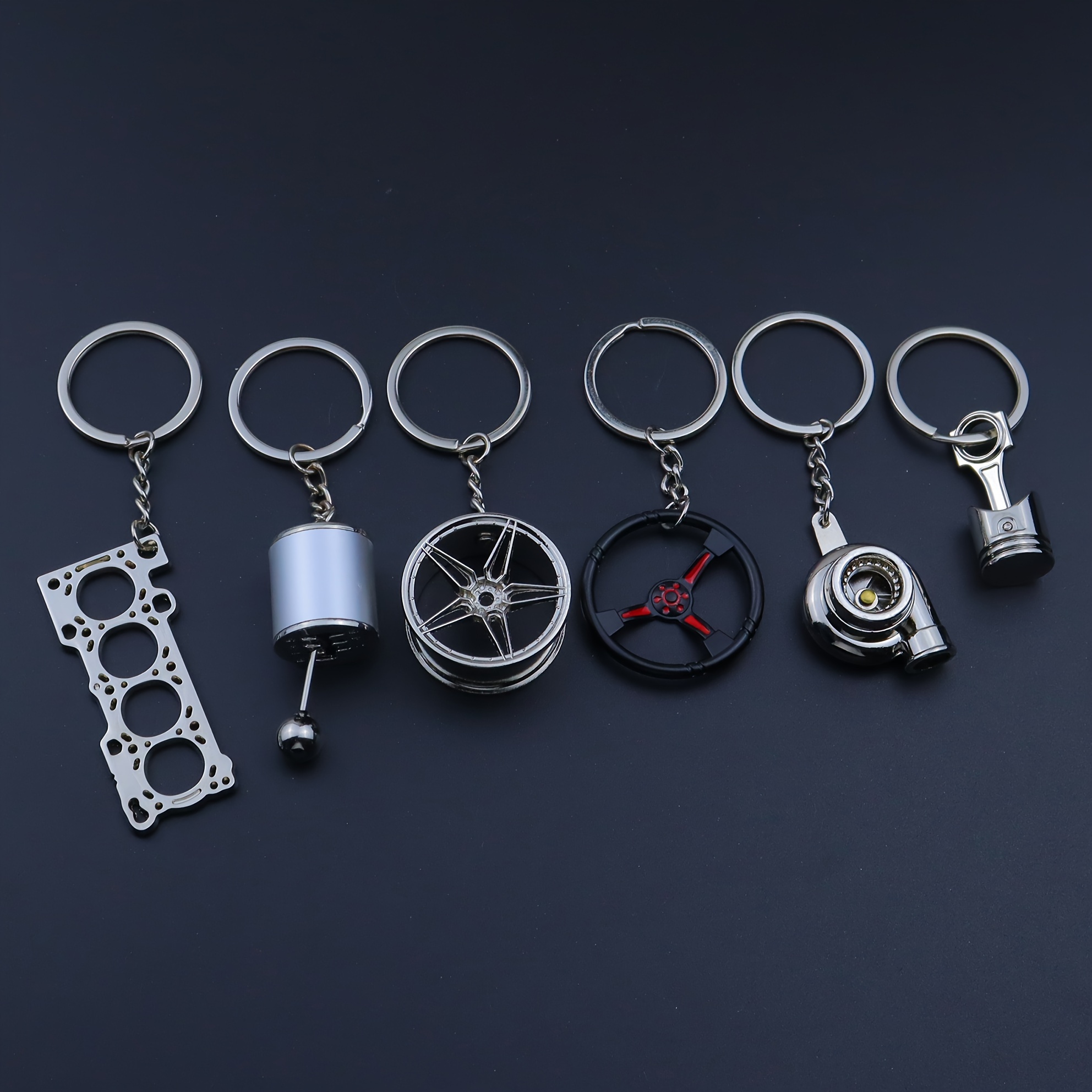 TEMU 6pcs Car Enthusiast Keychain Set - Metal Engine, Turbo, Wheel , Gear Shift & Steering Wheel Charms - Perfect For Bags & Backpacks