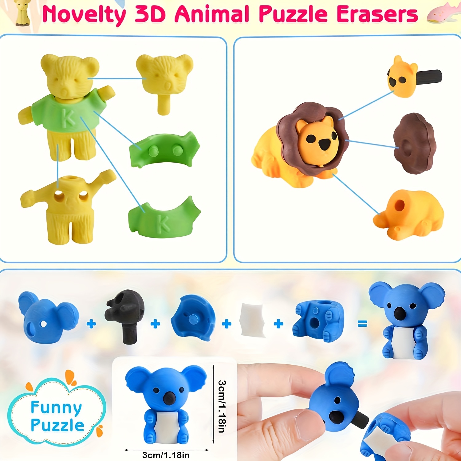 3D Children's Animal Eraser Set, 30pcs