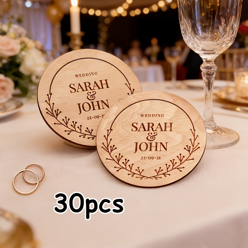 TEMU 6cm/2.36in Bohemian Personalized Laser-engraved Wooden Coasters - Custom Couple Names & Date Suitable For Weddings, Anniversaries, Artificial