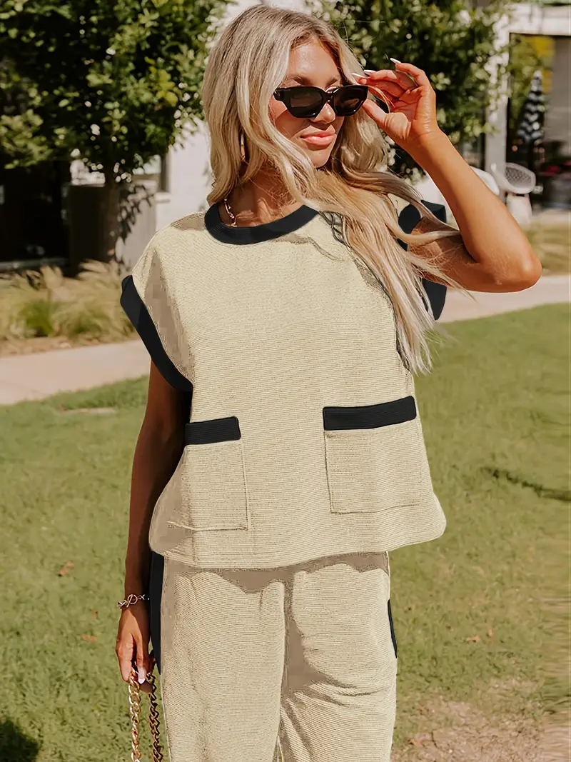 Women 2pcs Lounge Set Casual Short Sleeve Knit Wide Leg Pants Matching Travel Outfits Loungewear Sweater Set