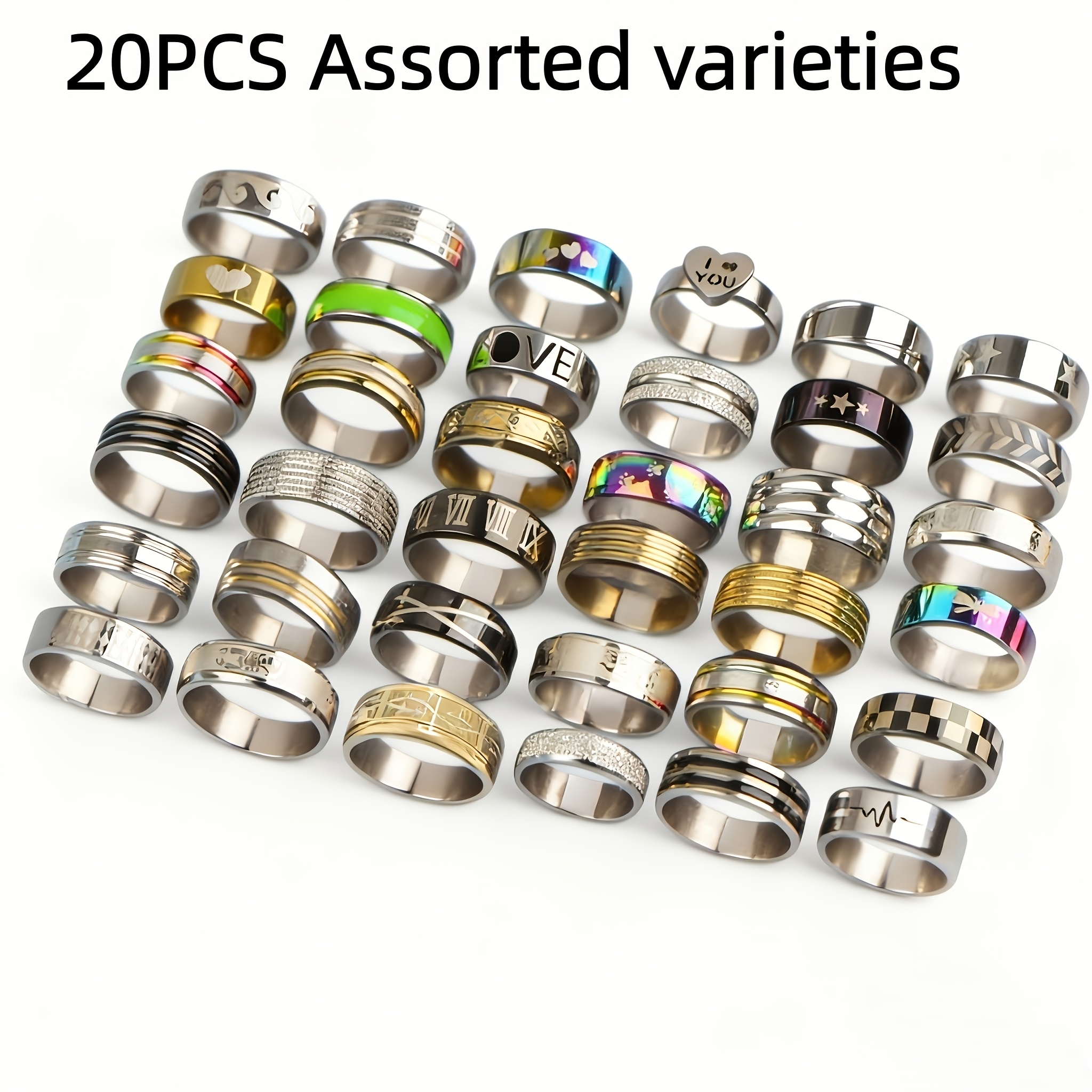 TEMU 20 Classic Minimalist Fashion Stainless Steel Men's And Women's Rings Mixed Style Everyday Wear Ring Set Party Banquet Jewelry Additions Gift