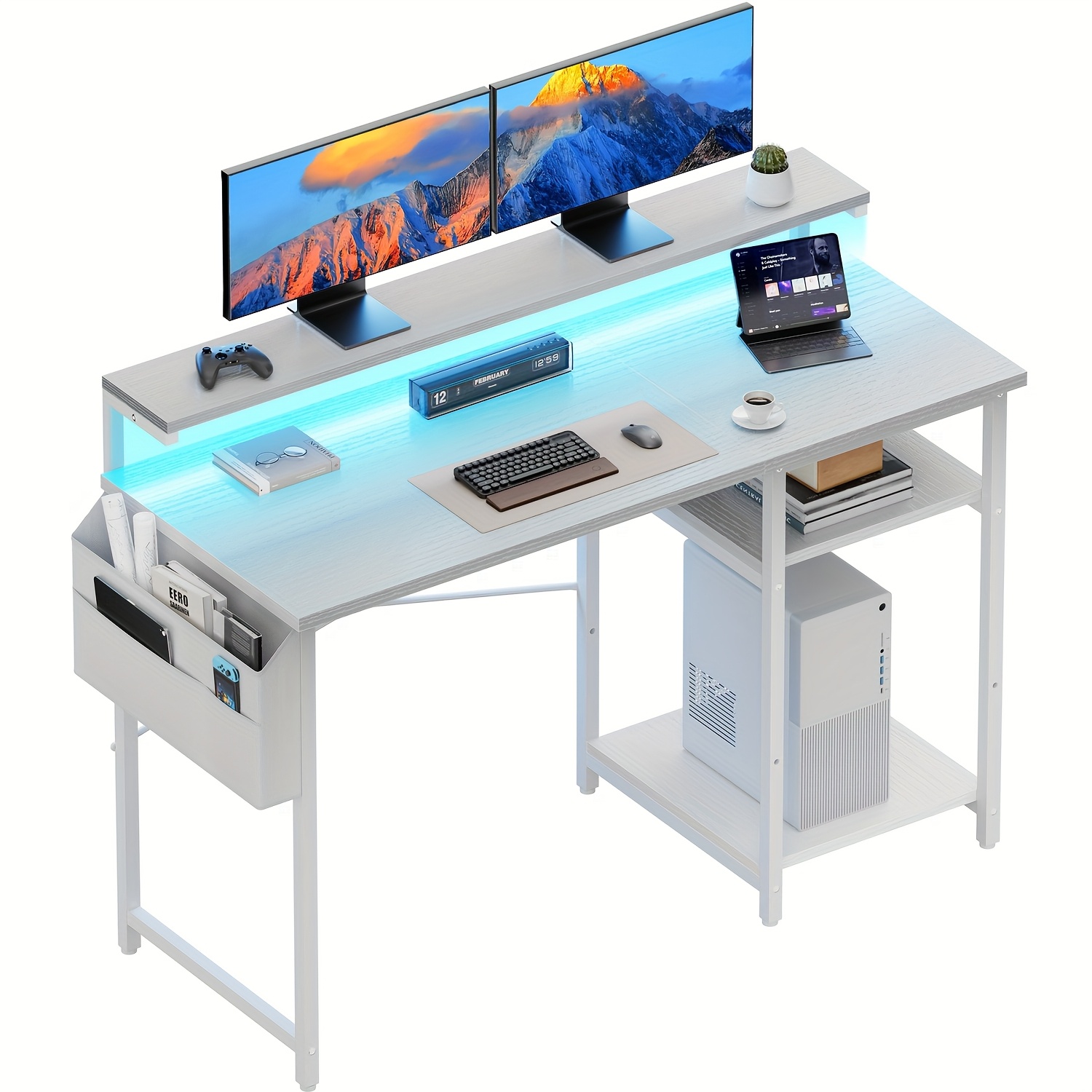 TEMU Large Computer Desk With Led And Height-adjustable Monitor Stand, Gaming Desk With Large Storage Bag, Corner Table With Monitor Stand For Home,