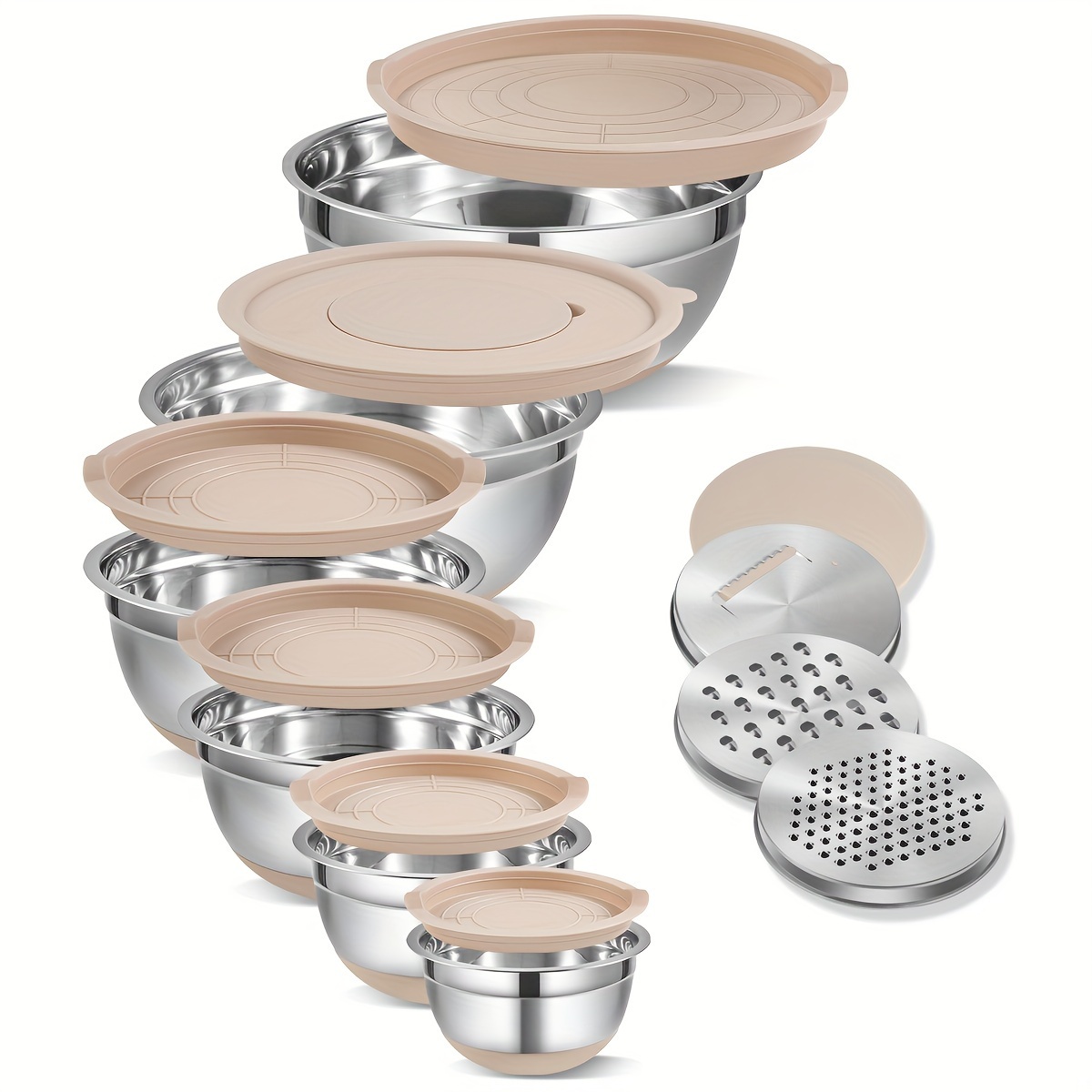 

Set, 6pcs Mixing Bowls With And 3pcs Grater Attachments, Stainless Steel Salad Set, 0.95l+1.4l+1.9l+2.4l+3.2l+6.5l, Baking Tools, Home Kitchen Accessories (khaki)