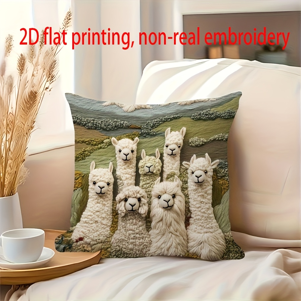 TEMU per cuscino con stampa piatta 2D Relax in famiglia, non reale, affascinante di alpaca, stampa su un solo , tessuto in poliestere, misura