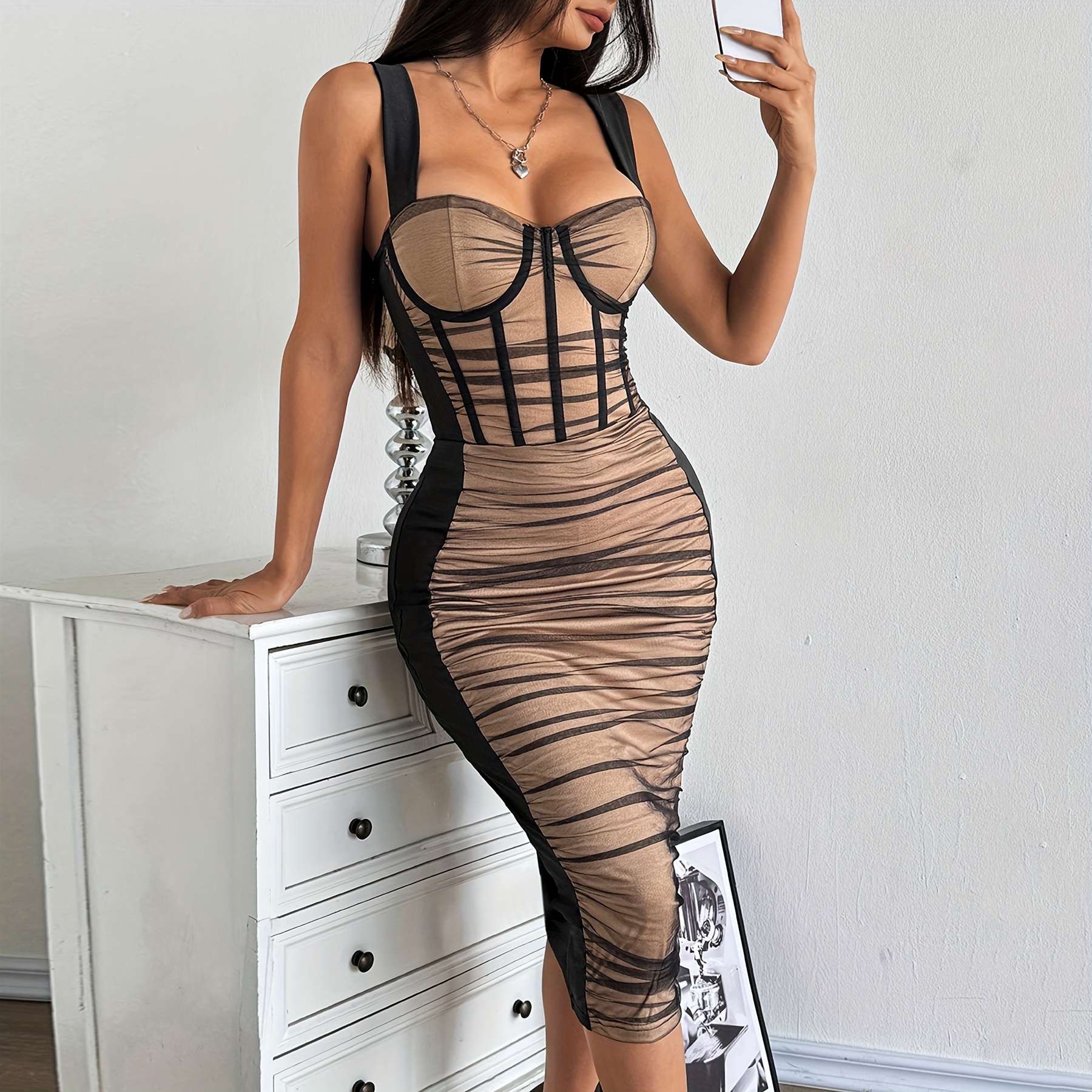 long length bodycon dress Bodycon Sheer Mesh Mock Neck Mini Dress Swirl Print Green – Dolls Kill main image 1