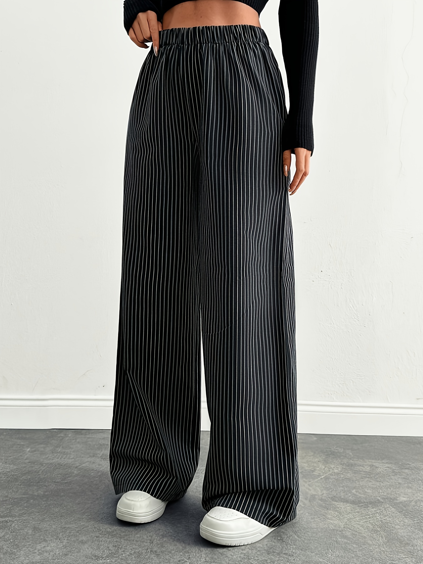 pantaloni larghi a righe eleganti donna elastico in vita Temu Italy - Main Image